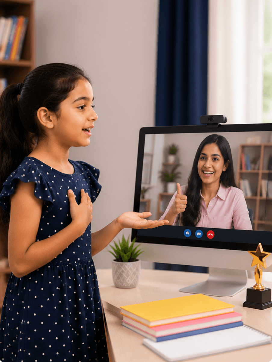 Child confidently speaking during an online public speaking class